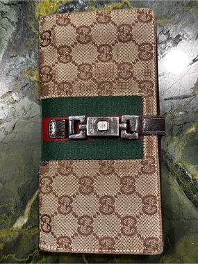 Gucci Beige Brown Monogram Continental Wallet with Green Red Stripe Lock Project